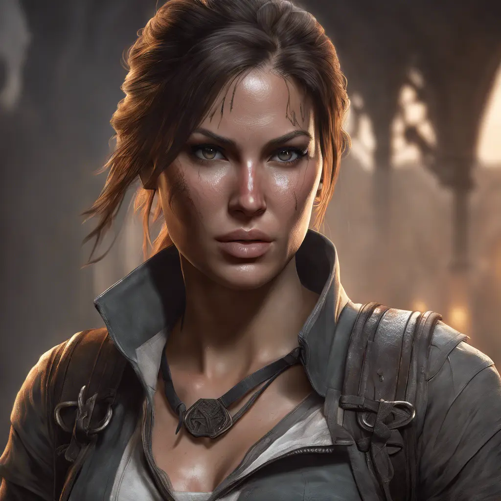 Matte portrait of a beautiful Lara Croft in Assassin's Creed style, 8k, Highly Detailed, Intricate, Realistic, Sharp Focus, Volumetric Lighting, Fantasy, Elegant by Stanley Artgerm Lau, WLOP, Stefan Kostic