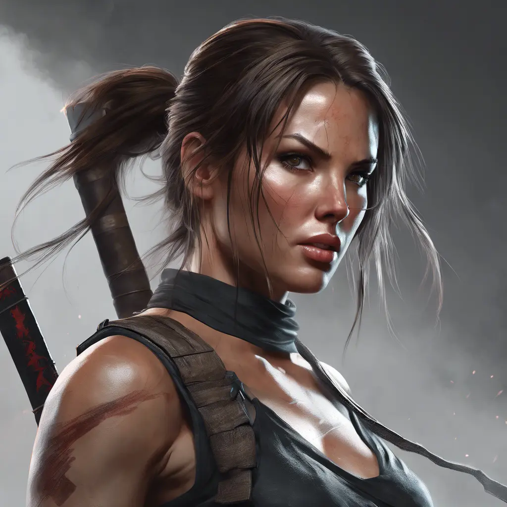 Matte portrait of the beautiful Lara Croft in the style of a Kunoichi Ninja, 8k, Highly Detailed, Intricate, Realistic, Sharp Focus, Volumetric Lighting, Fantasy, Elegant by Stanley Artgerm Lau, WLOP, Stefan Kostic