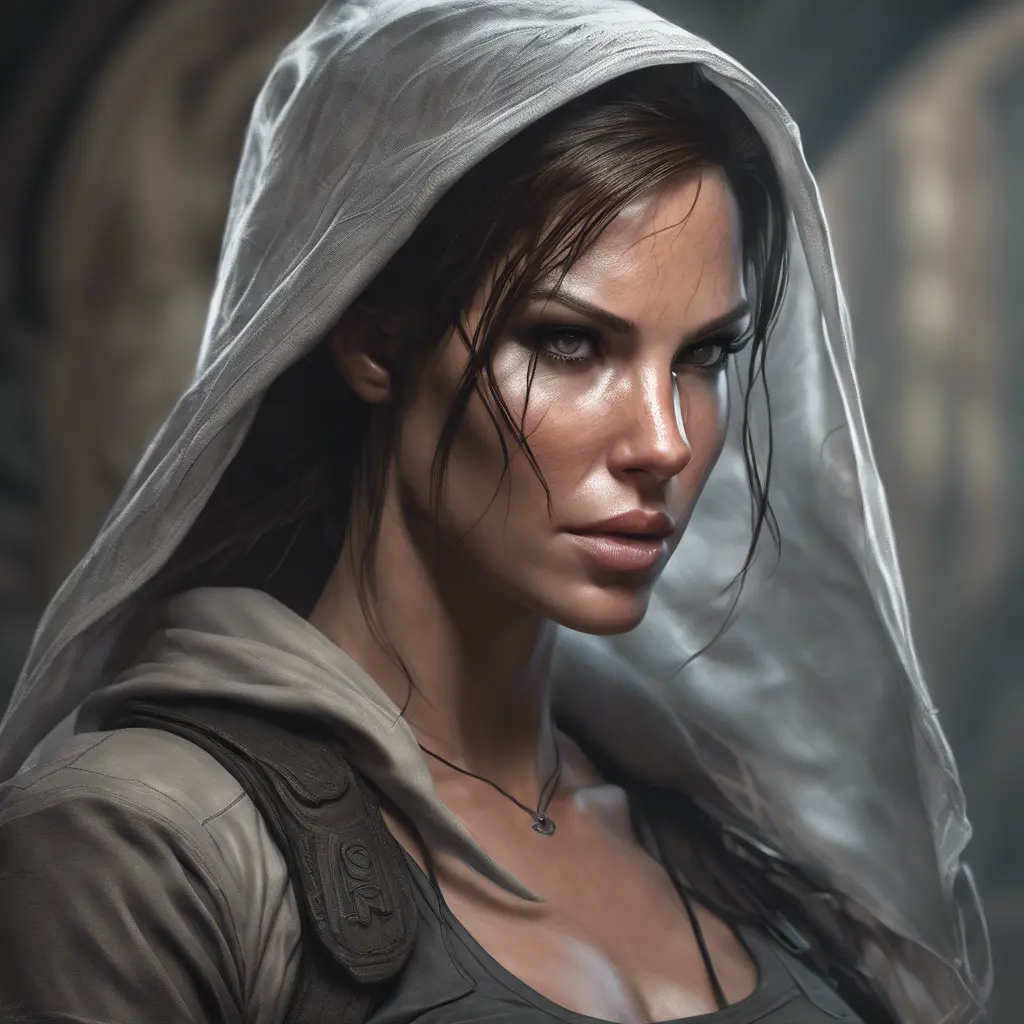 Matte portrait of a beautiful veiled Lara Croft, 8k, Highly Detailed, Intricate, Realistic, Sharp Focus, Volumetric Lighting, Fantasy, Elegant by Stanley Artgerm Lau, WLOP, Stefan Kostic