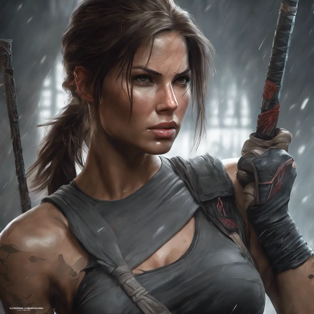 Matte portrait of the beautiful Lara Croft as a ninja, 8k, Highly Detailed, Intricate, Realistic, Sharp Focus, Volumetric Lighting, Fantasy, Elegant by Stanley Artgerm Lau, WLOP, Stefan Kostic