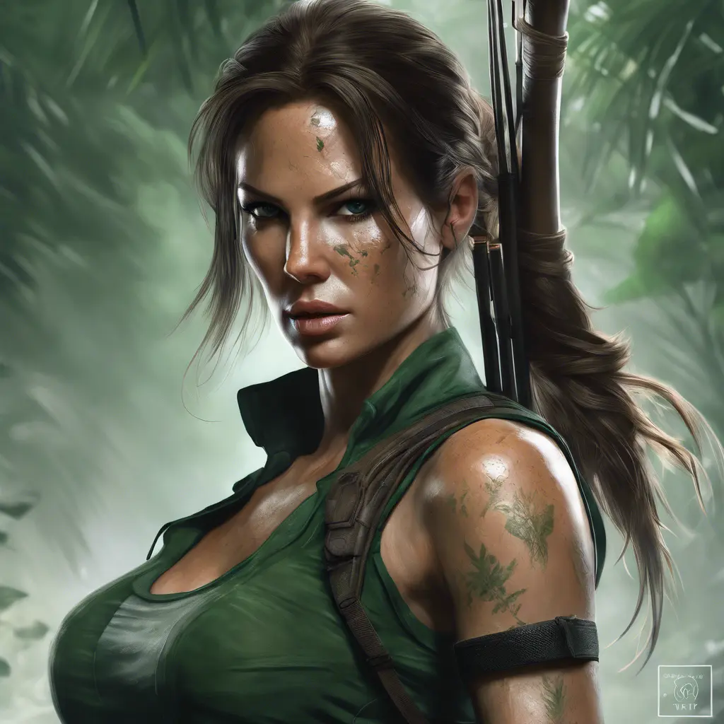 Matte portrait of the beautiful Lara Croft in dark green, 8k, Highly Detailed, Intricate, Realistic, Sharp Focus, Volumetric Lighting, Fantasy, Elegant by Stanley Artgerm Lau, WLOP, Stefan Kostic