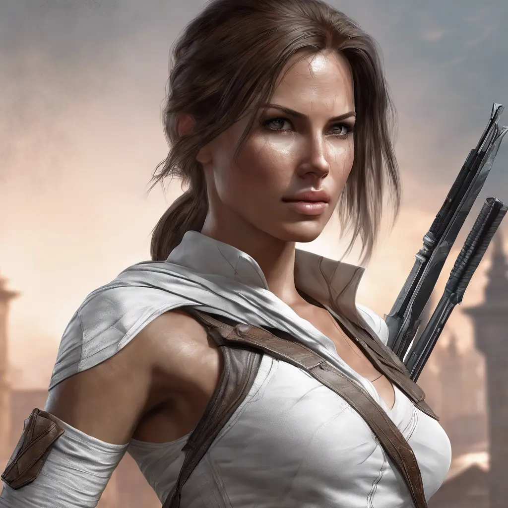 Matte portrait of a beautiful Lara Croft in white Assassin's Creed style, 8k, Highly Detailed, Intricate, Realistic, Sharp Focus, Volumetric Lighting, Fantasy, Elegant by Stanley Artgerm Lau, WLOP, Stefan Kostic