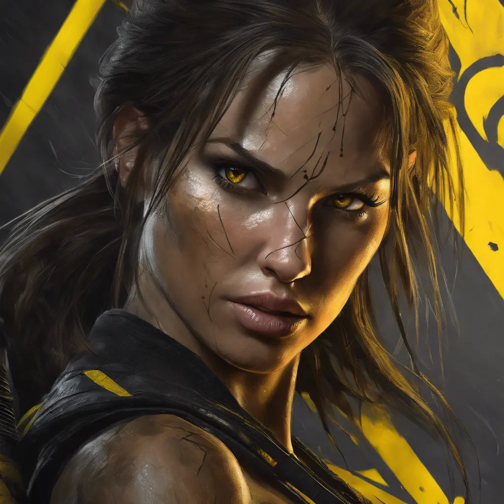 Matte portrait of the beautiful Lara Croft in black and yellow, 8k, Highly Detailed, Intricate, Realistic, Sharp Focus, Volumetric Lighting, Fantasy, Elegant by Stanley Artgerm Lau, WLOP, Stefan Kostic