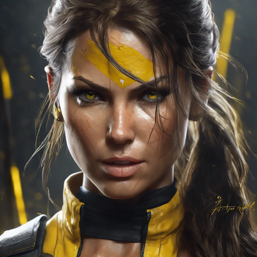 Matte portrait of the beautiful Lara Croft in black and yellow, 8k, Highly Detailed, Intricate, Realistic, Sharp Focus, Volumetric Lighting, Fantasy, Elegant by Stanley Artgerm Lau, WLOP, Stefan Kostic