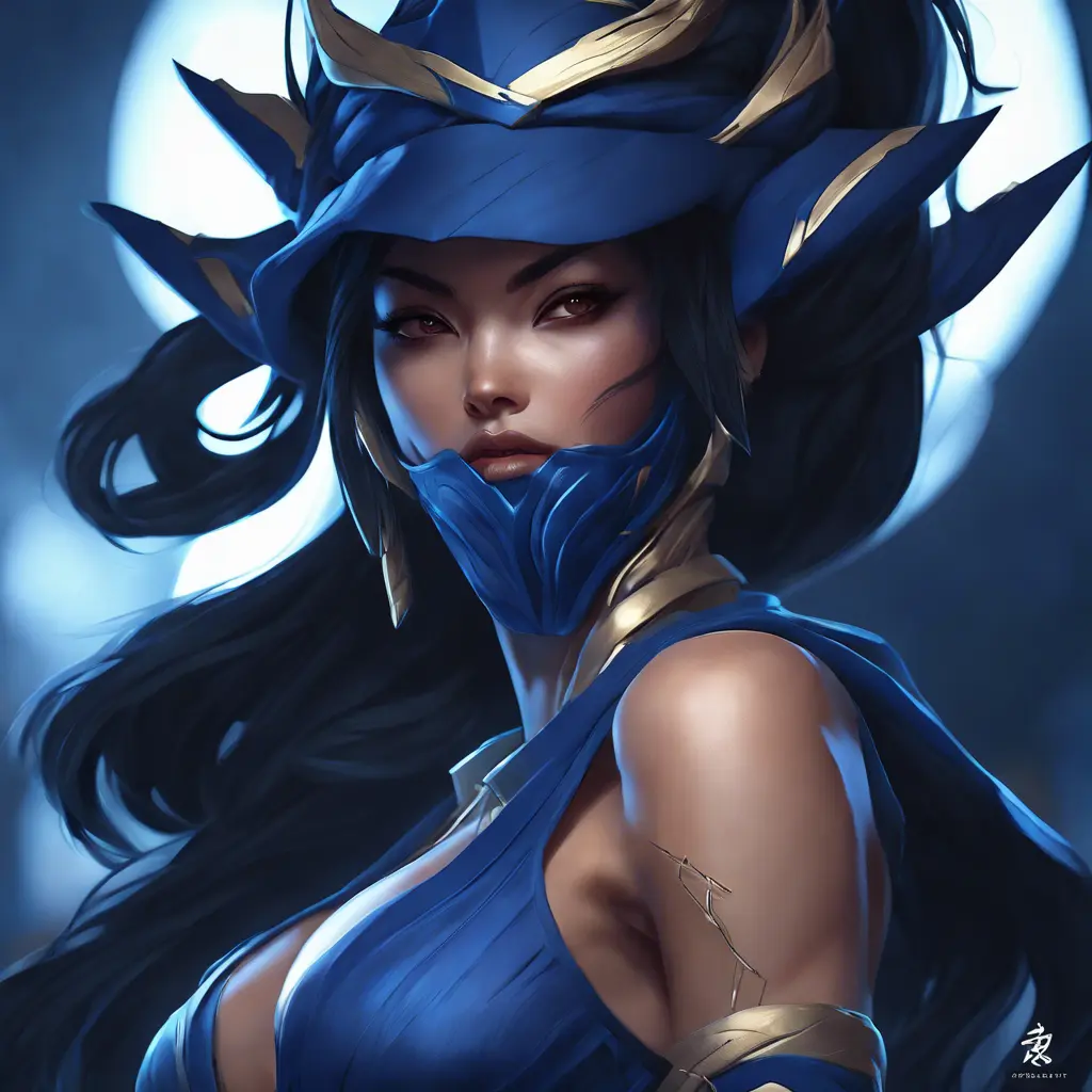 Matte portrait of the beautiful Akali in dark blue, 8k, Highly Detailed, Intricate, Realistic, Sharp Focus, Volumetric Lighting, Fantasy, Elegant by Stanley Artgerm Lau, WLOP, Stefan Kostic