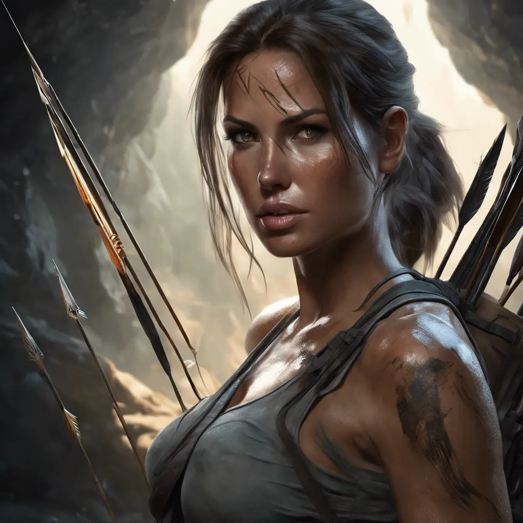 Matte portrait of a beautiful Lara Croft in a cave with arrows, 8k, Highly Detailed, Intricate, Realistic, Sharp Focus, Volumetric Lighting, Fantasy, Elegant by Stanley Artgerm Lau, WLOP, Stefan Kostic