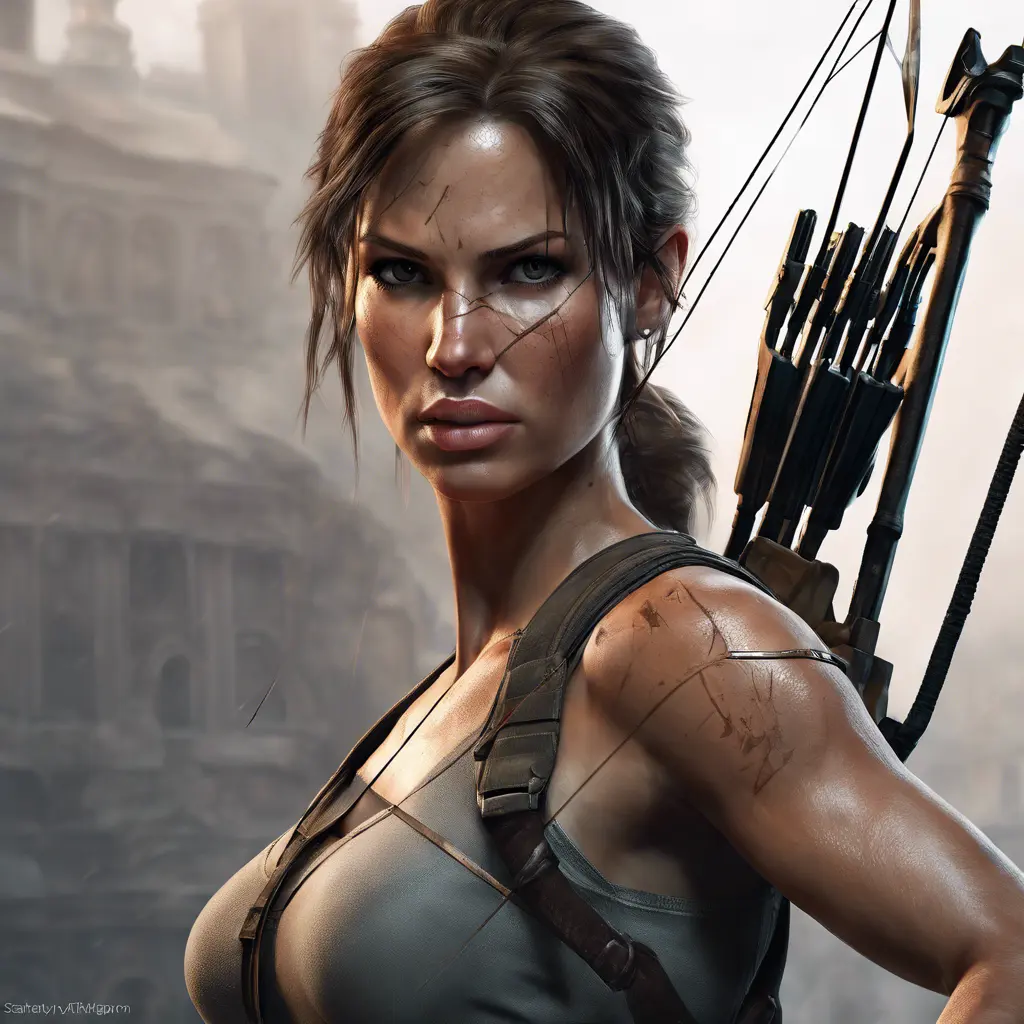 Matte portrait of a beautiful Lara Croft armed with a crossbow, 8k, Highly Detailed, Intricate, Realistic, Sharp Focus, Volumetric Lighting, Fantasy, Elegant by Stanley Artgerm Lau, WLOP, Stefan Kostic