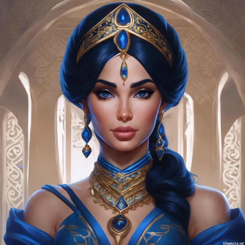 Matte portrait of the beautiful Princess Jasmine in dark blue, 8k, Highly Detailed, Intricate, Realistic, Sharp Focus, Volumetric Lighting, Fantasy, Elegant by Stanley Artgerm Lau, WLOP, Stefan Kostic