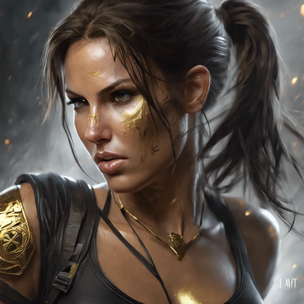 Matte portrait of the beautiful Lara Croft in black and gold, 8k, Highly Detailed, Intricate, Realistic, Sharp Focus, Volumetric Lighting, Fantasy, Elegant by Stanley Artgerm Lau, WLOP, Stefan Kostic