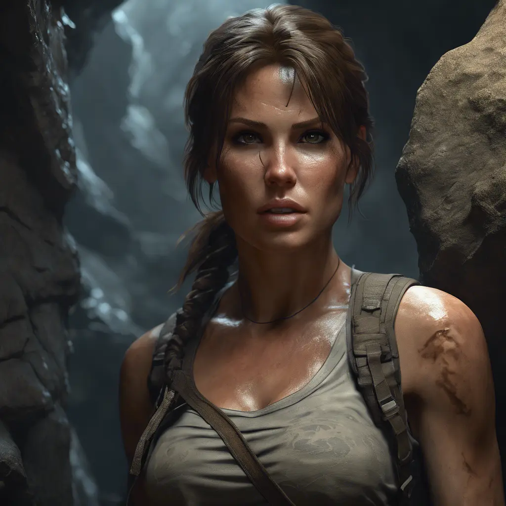 Matte portrait of the beautiful Lara Croft in a cave, 8k, Highly Detailed, Intricate, Realistic, Sharp Focus, Volumetric Lighting, Fantasy, Elegant by Stanley Artgerm Lau, WLOP, Stefan Kostic