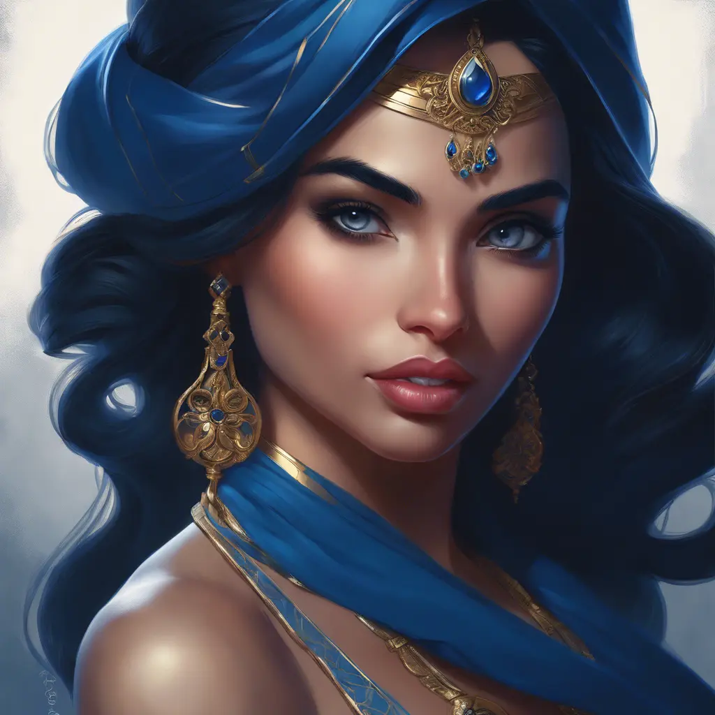 Matte portrait of the beautiful Princess Jasmine in dark blue, 8k, Highly Detailed, Intricate, Realistic, Sharp Focus, Volumetric Lighting, Fantasy, Elegant by Stanley Artgerm Lau, WLOP, Stefan Kostic