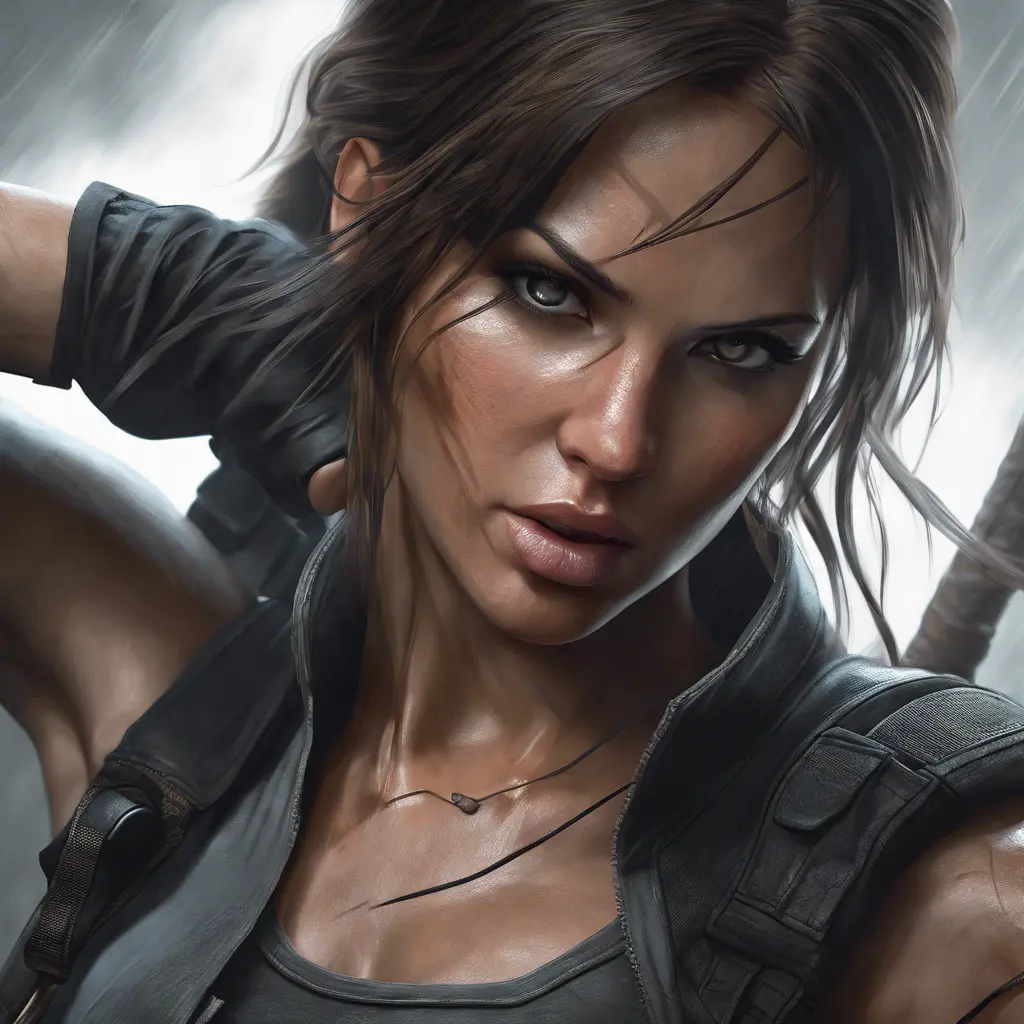 Matte portrait of the beautiful Lara Croft in black, 8k, Highly Detailed, Intricate, Realistic, Sharp Focus, Volumetric Lighting, Fantasy, Elegant by Stanley Artgerm Lau, WLOP, Stefan Kostic