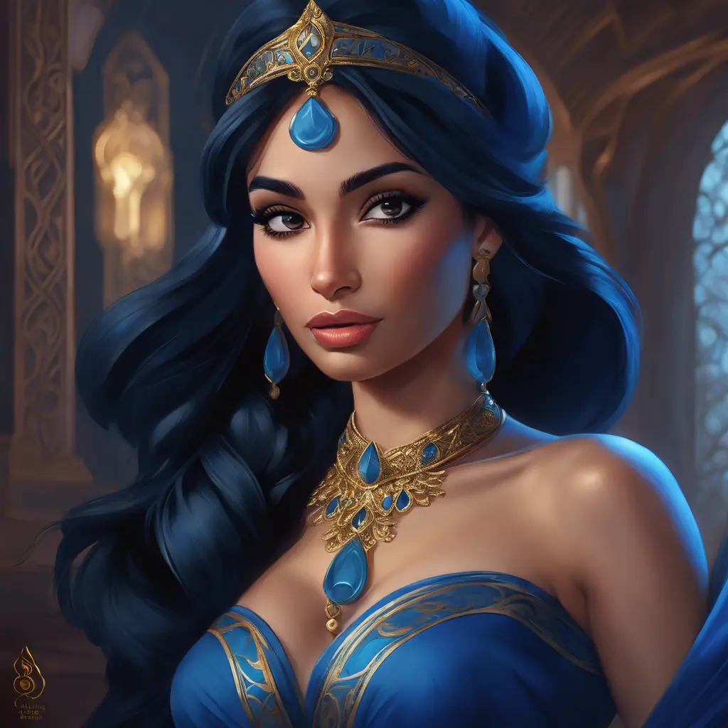 Matte portrait of the beautiful Princess Jasmine in dark blue, 8k, Highly Detailed, Intricate, Realistic, Sharp Focus, Volumetric Lighting, Fantasy, Elegant by Stanley Artgerm Lau, WLOP, Stefan Kostic