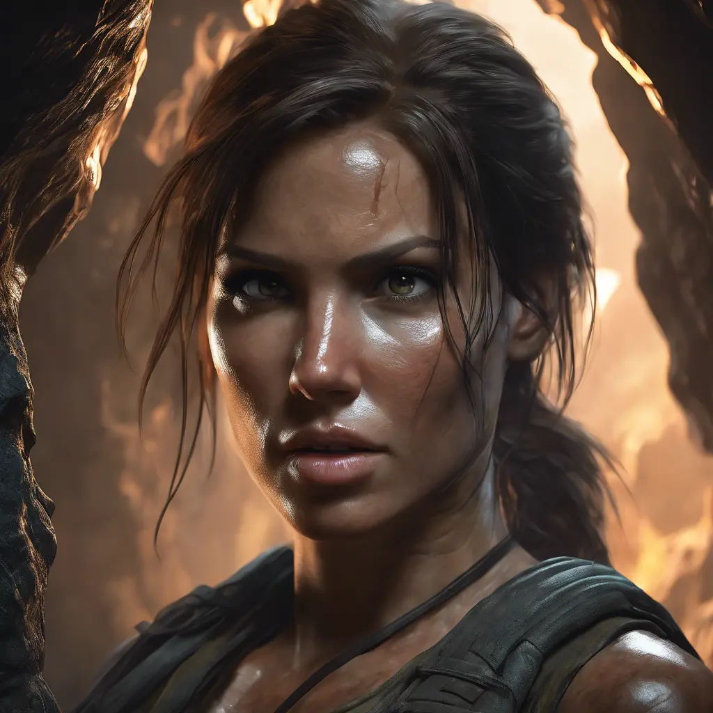 Matte portrait of the beautiful Lara Croft in a cave, 8k, Highly Detailed, Intricate, Realistic, Sharp Focus, Volumetric Lighting, Fantasy, Elegant by Stanley Artgerm Lau, WLOP, Stefan Kostic