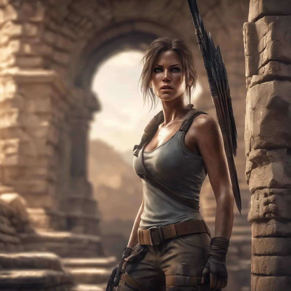 Matte portrait of a beautiful Lara Croft exploring an ancient ruin, 8k, Highly Detailed, Intricate, Realistic, Sharp Focus, Volumetric Lighting, Fantasy, Elegant by Stanley Artgerm Lau, WLOP, Stefan Kostic