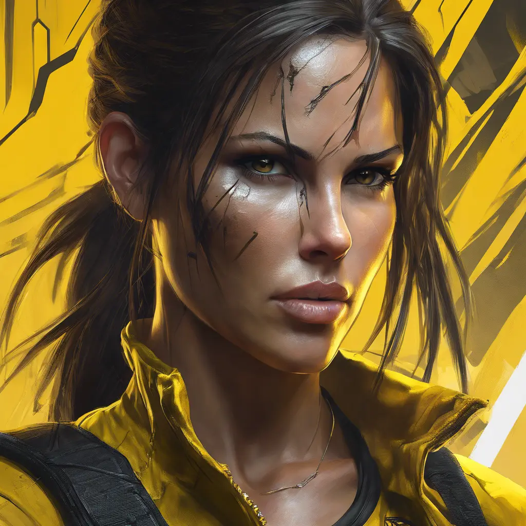 Matte portrait of the beautiful Lara Croft in black and yellow, 8k, Highly Detailed, Intricate, Realistic, Sharp Focus, Volumetric Lighting, Fantasy, Elegant by Stanley Artgerm Lau, WLOP, Stefan Kostic