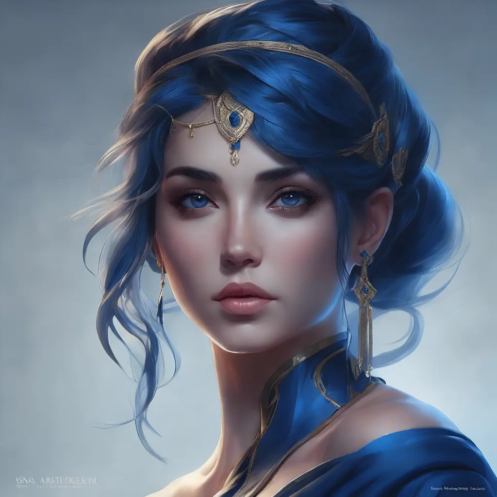 Matte portrait of the beautiful Sona in dark blue, 8k, Highly Detailed, Intricate, Realistic, Sharp Focus, Volumetric Lighting, Fantasy, Elegant by Stanley Artgerm Lau, WLOP, Stefan Kostic