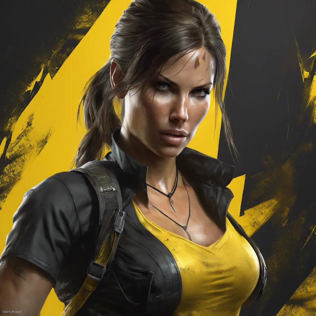 Matte portrait of the beautiful Lara Croft in black and yellow, 8k, Highly Detailed, Intricate, Realistic, Sharp Focus, Volumetric Lighting, Fantasy, Elegant by Stanley Artgerm Lau, WLOP, Stefan Kostic