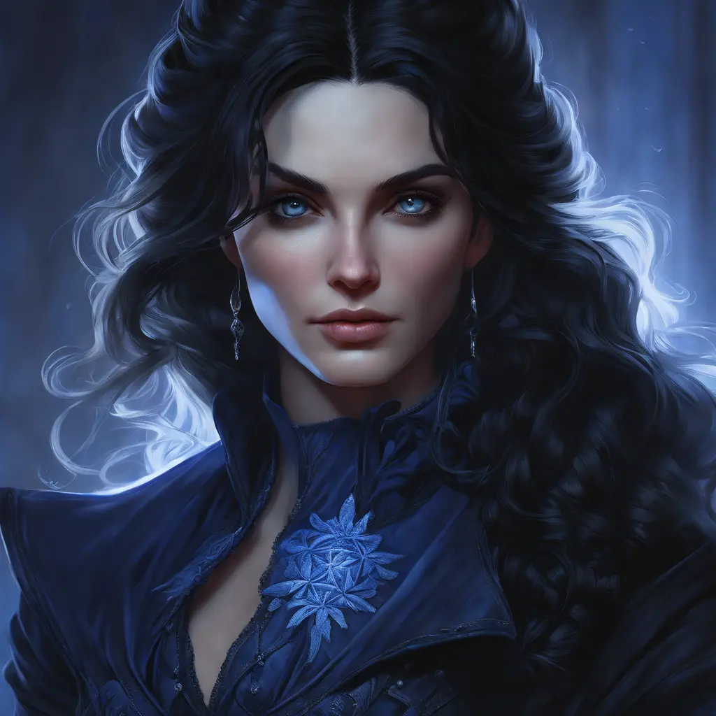 Matte portrait of a beautiful Yennefer in dark blue, 8k, Highly Detailed, Intricate, Realistic, Sharp Focus, Volumetric Lighting, Fantasy, Elegant by Stanley Artgerm Lau, WLOP, Stefan Kostic