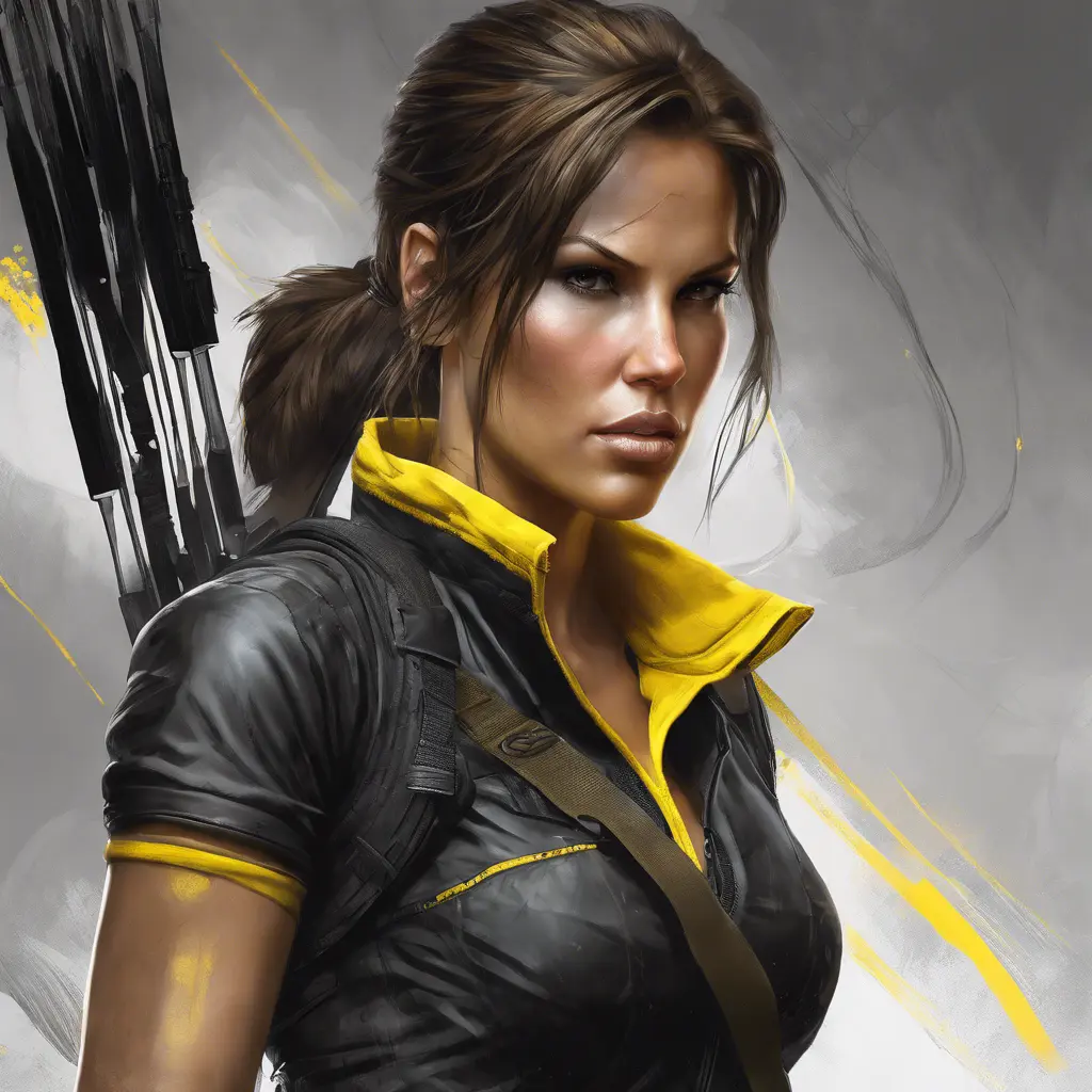 Matte portrait of the beautiful Lara Croft in black and yellow, 8k, Highly Detailed, Intricate, Realistic, Sharp Focus, Volumetric Lighting, Fantasy, Elegant by Stanley Artgerm Lau, WLOP, Stefan Kostic