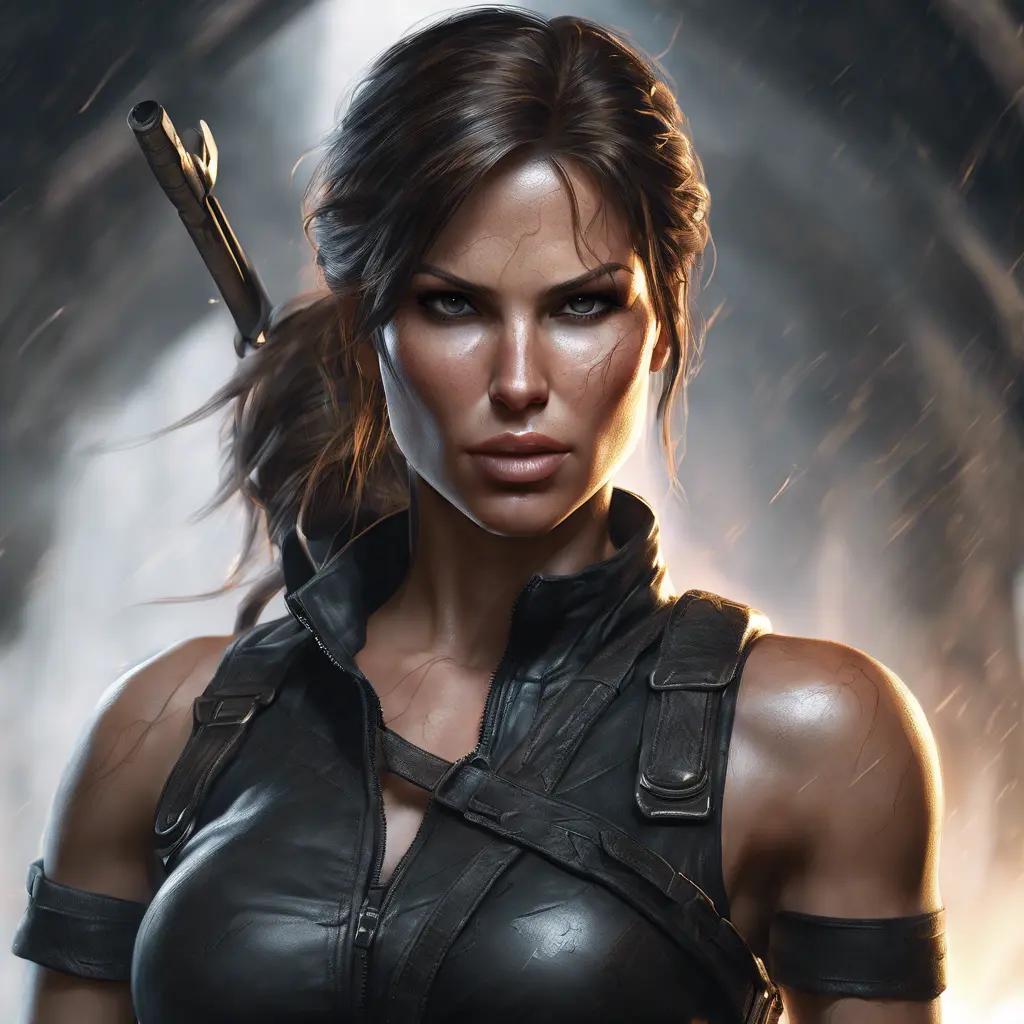 Matte portrait of a beautiful Lara Croft in black leather, 8k, Highly Detailed, Intricate, Realistic, Sharp Focus, Volumetric Lighting, Fantasy, Elegant by Stanley Artgerm Lau, WLOP, Stefan Kostic