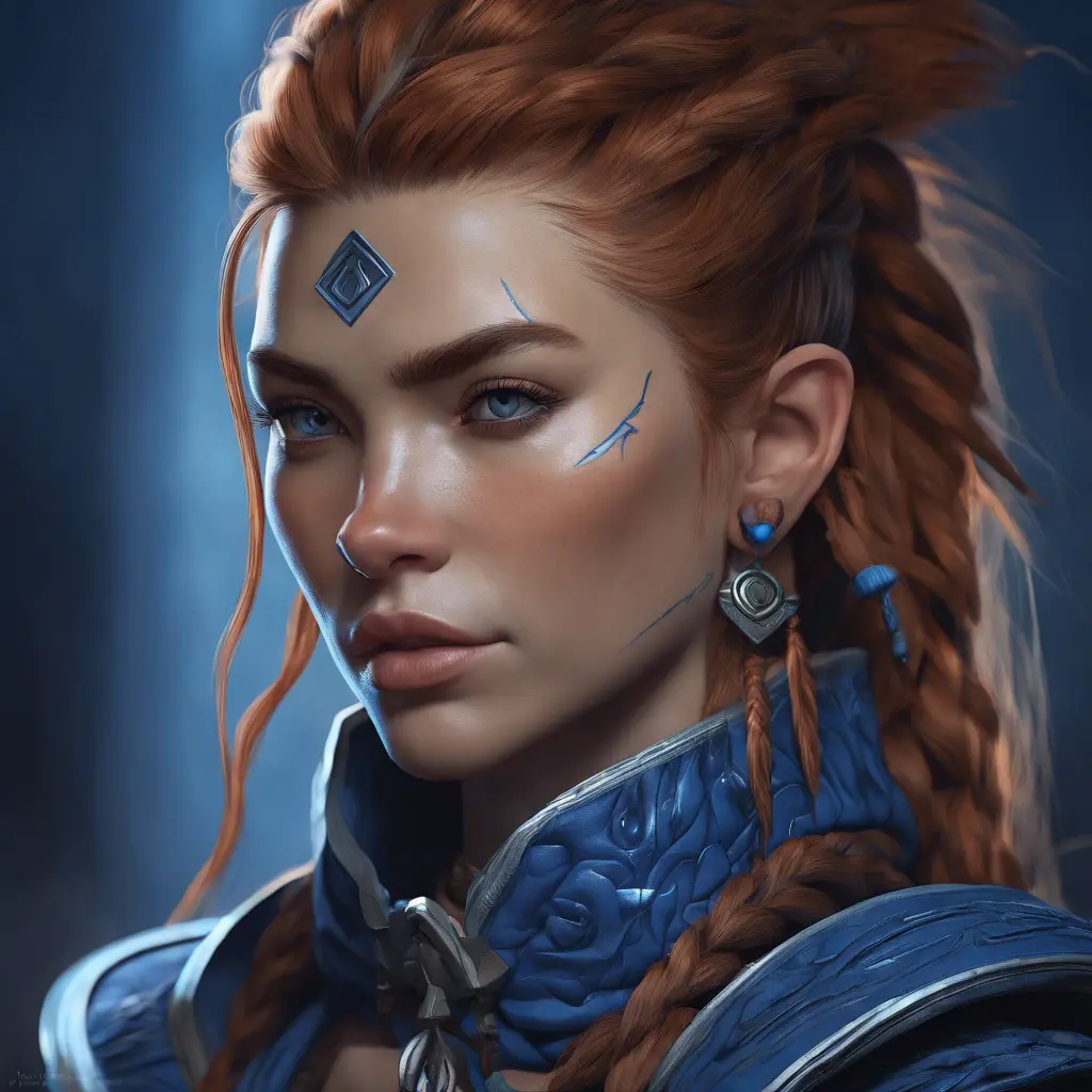 Matte portrait of the beautiful Aloy in dark blue, 8k, Highly Detailed, Intricate, Realistic, Sharp Focus, Volumetric Lighting, Fantasy, Elegant by Stanley Artgerm Lau, WLOP, Stefan Kostic