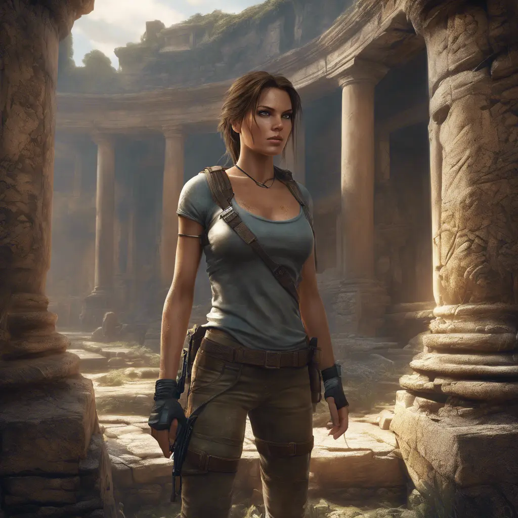 Matte portrait of a beautiful Lara Croft exploring an ancient ruin, 8k, Highly Detailed, Intricate, Realistic, Sharp Focus, Volumetric Lighting, Fantasy, Elegant by Stanley Artgerm Lau, WLOP, Stefan Kostic