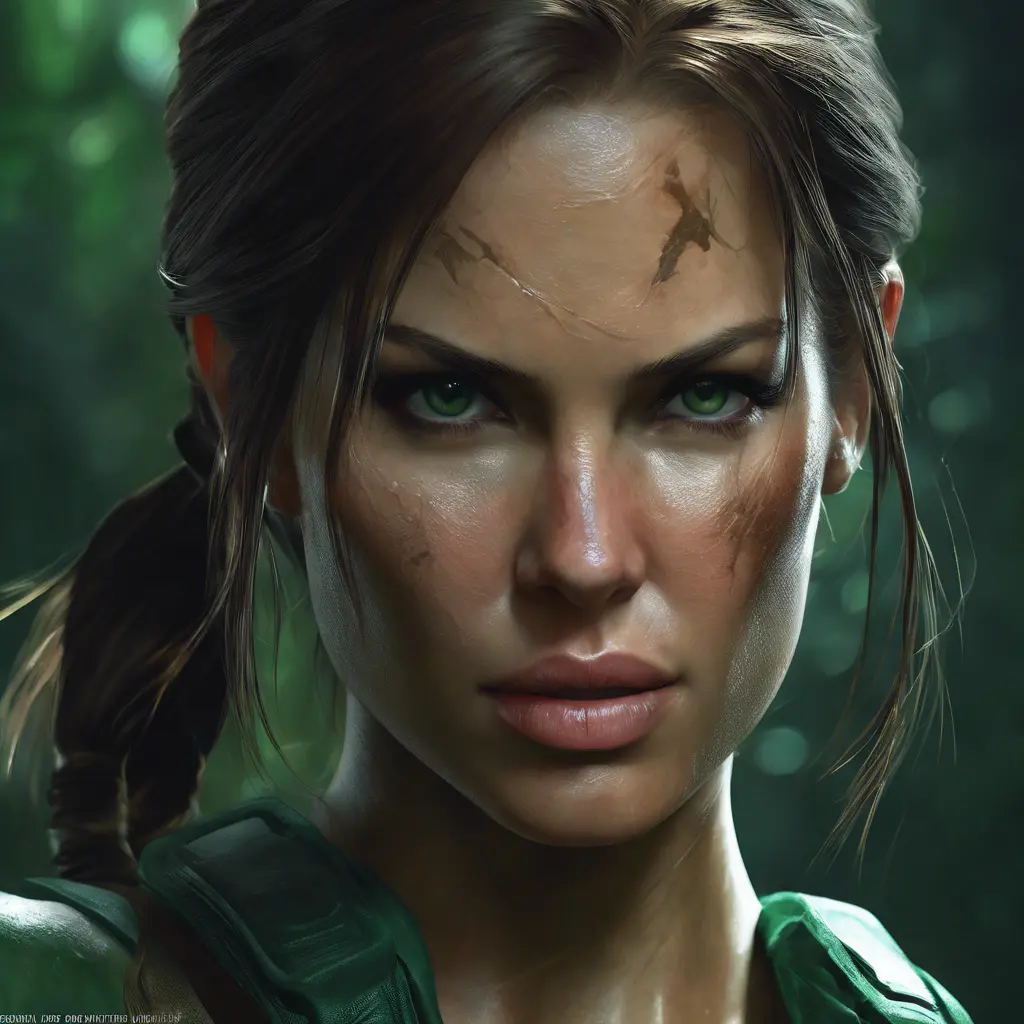 Matte portrait of the beautiful Lara Croft in dark green, 8k, Highly Detailed, Intricate, Realistic, Sharp Focus, Volumetric Lighting, Fantasy, Elegant by Stanley Artgerm Lau, WLOP, Stefan Kostic