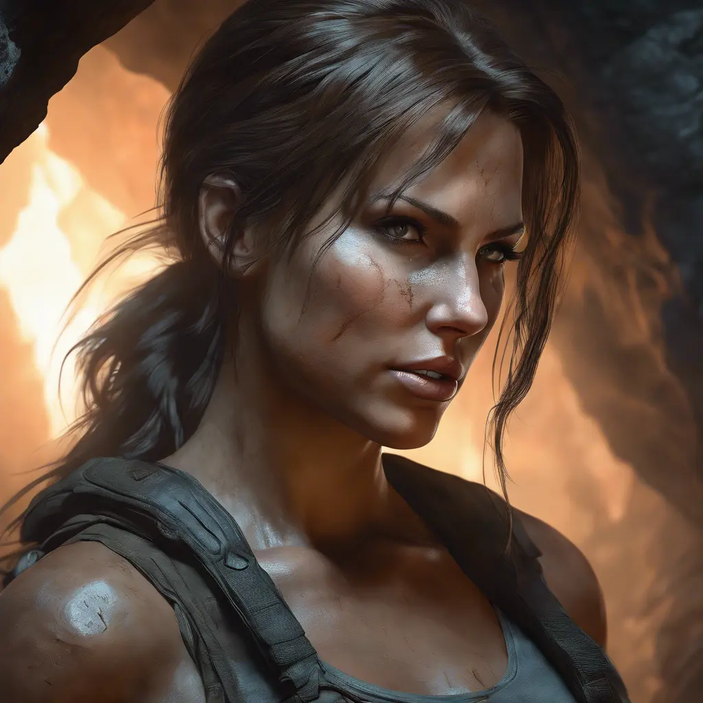 Matte portrait of a beautiful armed Lara Croft in a cave, 8k, Highly Detailed, Intricate, Realistic, Sharp Focus, Volumetric Lighting, Fantasy, Elegant by Stanley Artgerm Lau, WLOP, Stefan Kostic