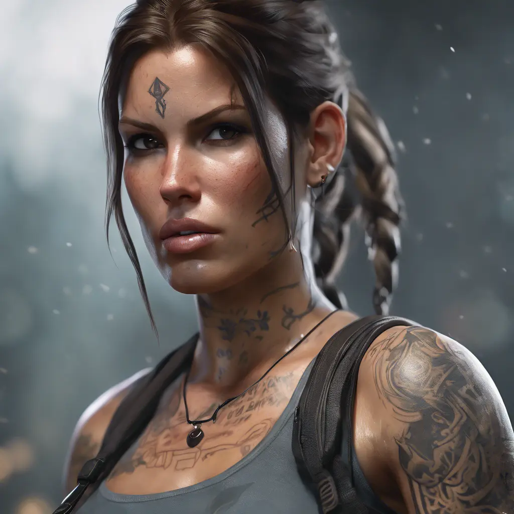 Matte portrait of Lara Croft with tattoos, 8k, Highly Detailed, Alluring, Artstation, Bokeh effect, Sharp Focus, Volumetric Lighting, Concept Art by Stanley Artgerm Lau, Greg Rutkowski