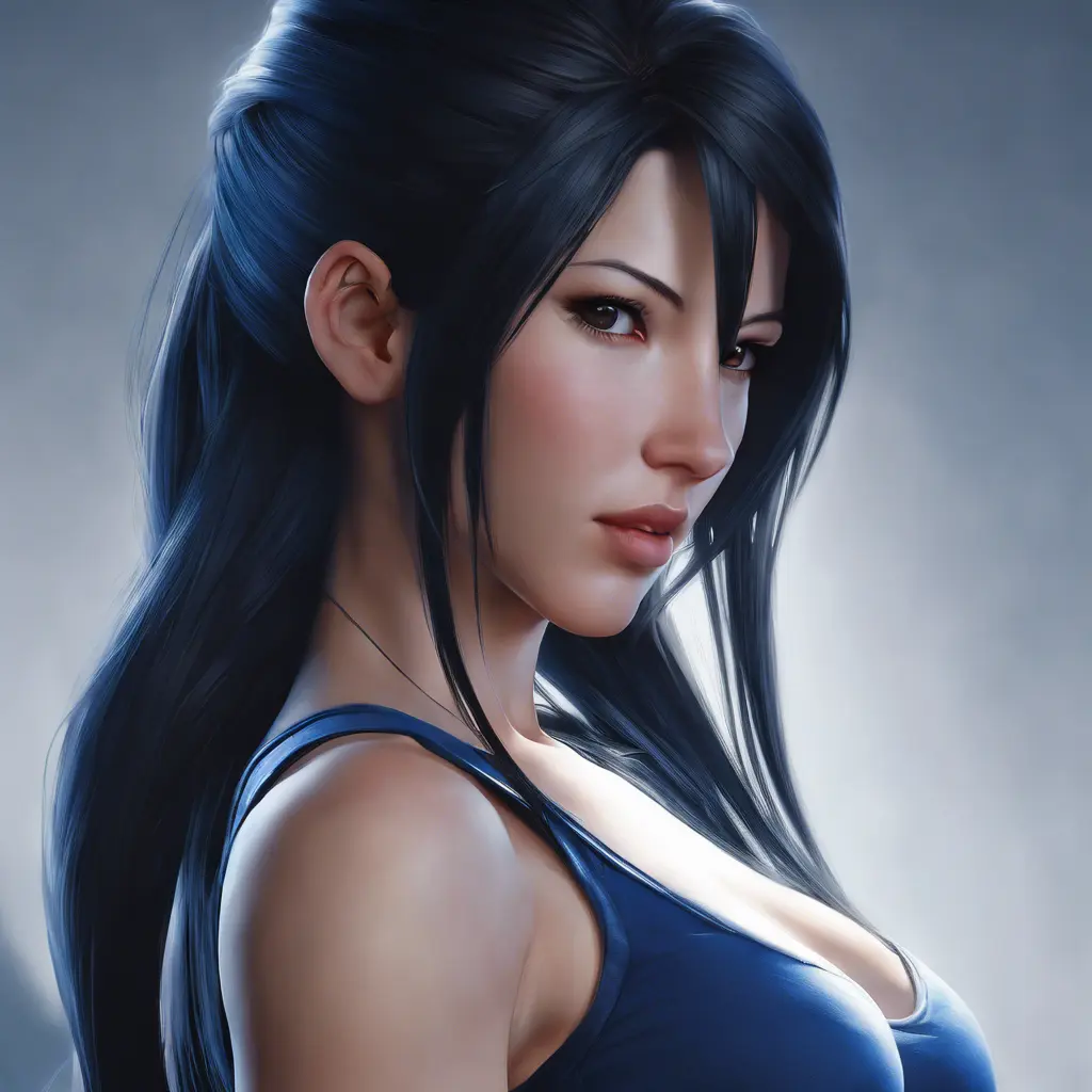 Matte portrait of the beautiful Tifa Lockhart in dark blue, 8k, Highly Detailed, Intricate, Realistic, Sharp Focus, Volumetric Lighting, Fantasy, Elegant by Stanley Artgerm Lau, WLOP, Stefan Kostic