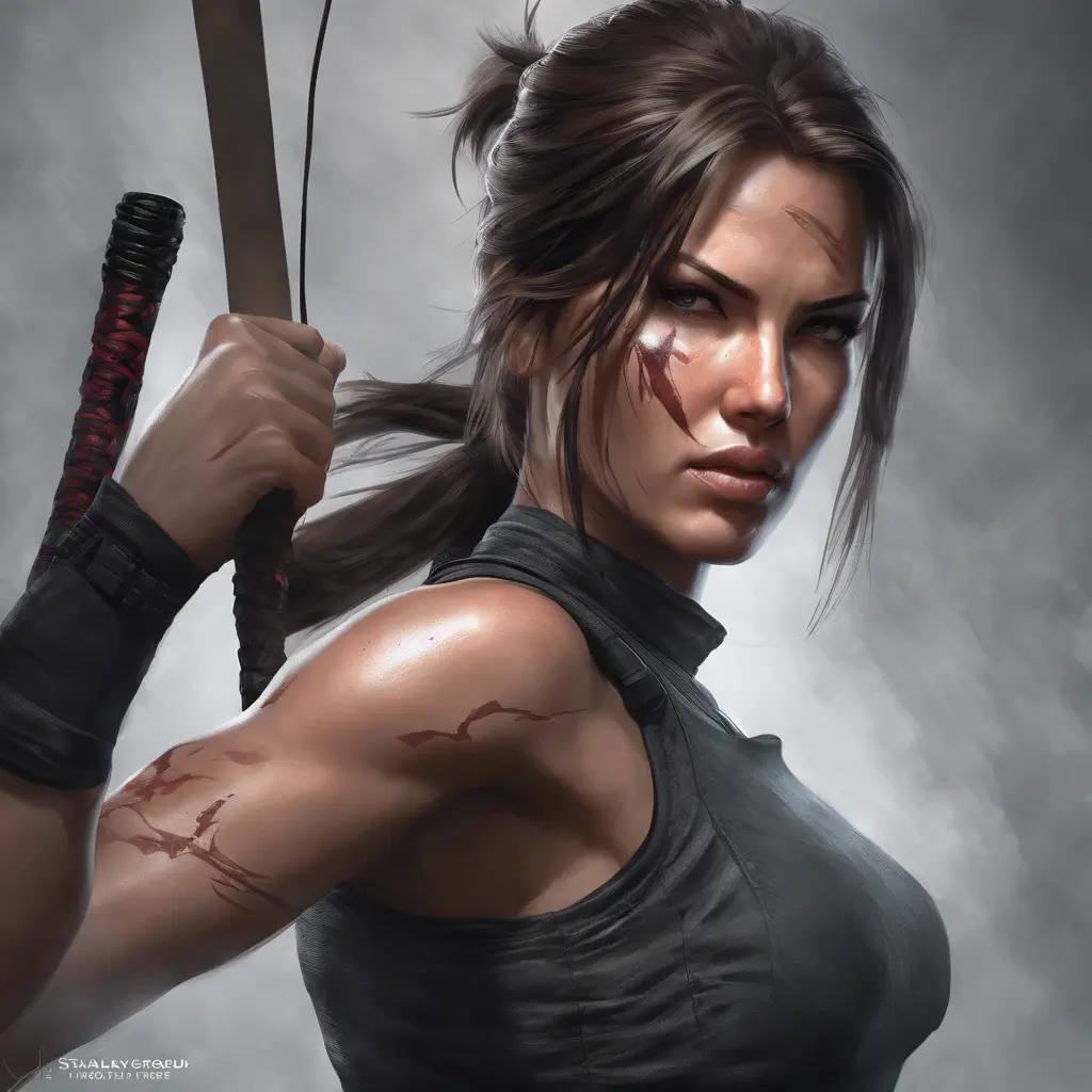 Matte portrait of the beautiful Lara Croft in the style of a Kunoichi Ninja, 8k, Highly Detailed, Intricate, Realistic, Sharp Focus, Volumetric Lighting, Fantasy, Elegant by Stanley Artgerm Lau, WLOP, Stefan Kostic