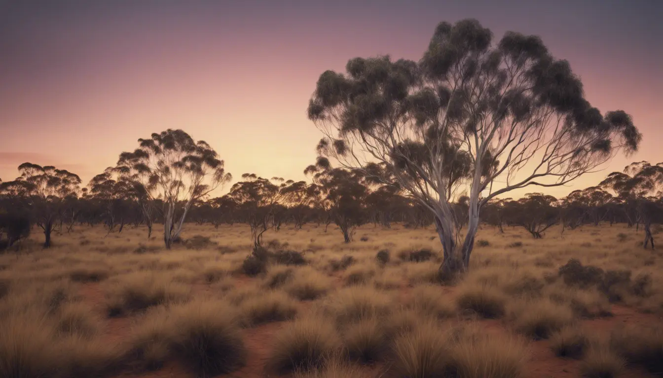 A stunning photo of a natural Australian bush landscape at dusk, 4k, 8k, Highly Detailed