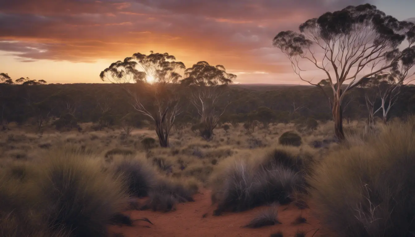 A stunning photo of a natural Australian bush landscape at dusk, 4k, 8k, Highly Detailed