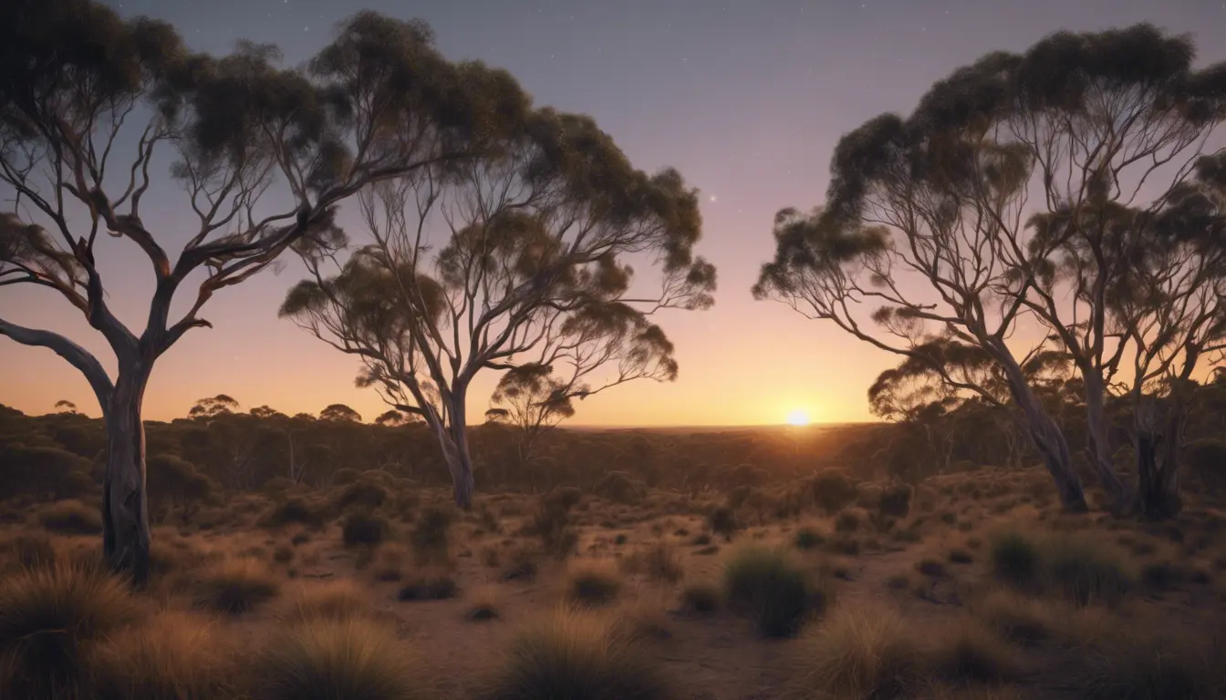 A stunning photo of a natural Australian bush landscape at dusk, 4k, 8k, Highly Detailed