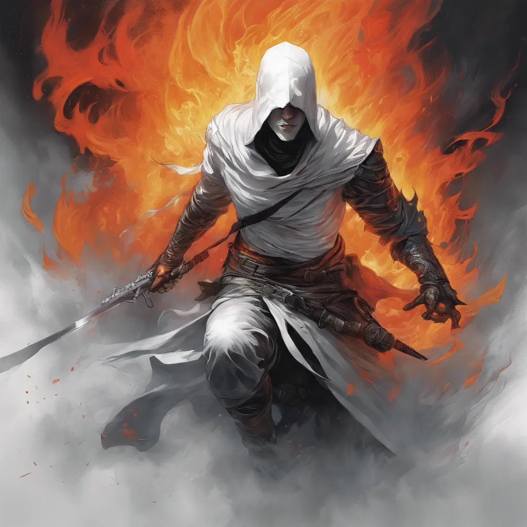 White Assassin emerging from a firey fog of battle, ink splash, Highly Detailed, Vibrant Colors, Ink Art, Fantasy, Dark by Stanley Artgerm Lau