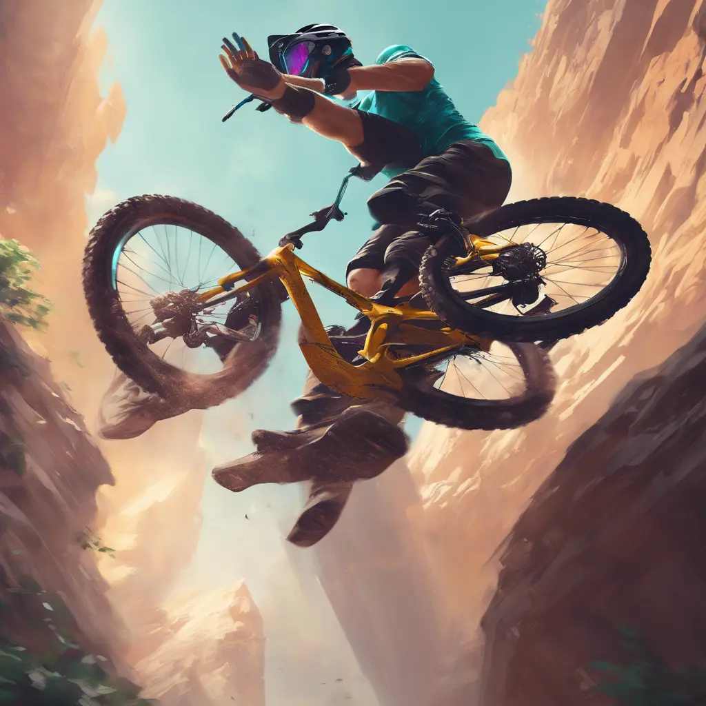 Someone back flipping a 60ft gap with a dual suspension mountain bike, Cybernatic and Sci-Fi, Volumetric light effect by Stanley Artgerm Lau