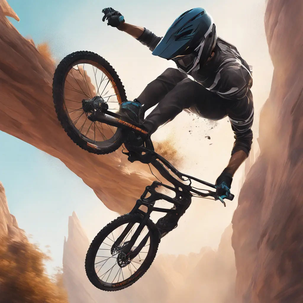 Someone back flipping a 60ft gap with a dual suspension mountain bike, Cybernatic and Sci-Fi, Volumetric light effect by Stanley Artgerm Lau