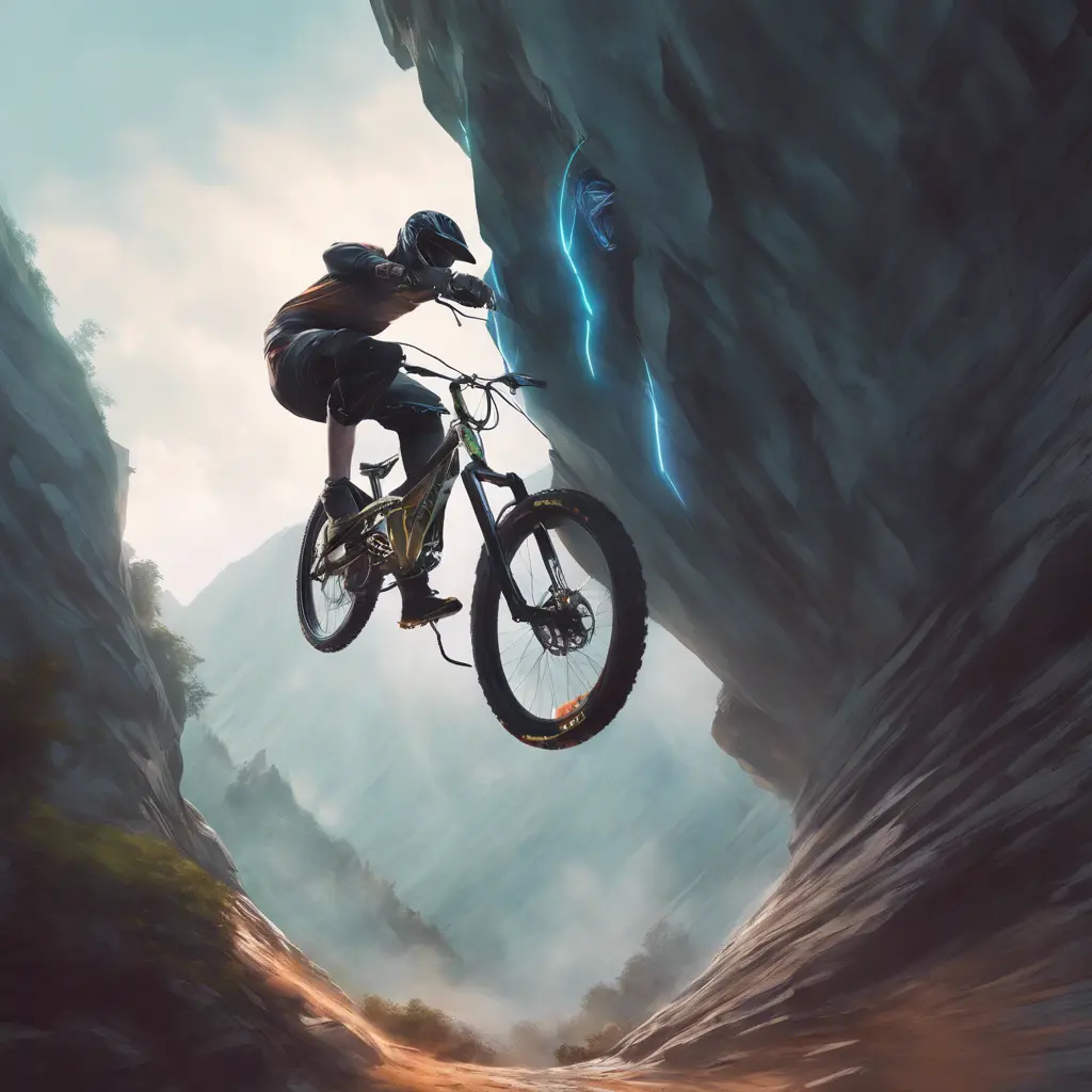 Someone back flipping a 60ft gap with a dual suspension mountain bike, Cybernatic and Sci-Fi, Volumetric light effect by Stanley Artgerm Lau