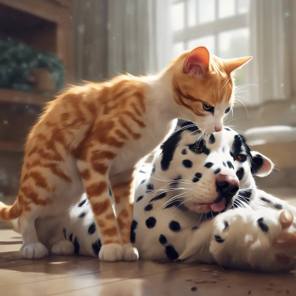 A ginger cat playing with a dalmation, 4k resolution, Atmospheric, High Resolution, Masterpiece by Stanley Artgerm Lau