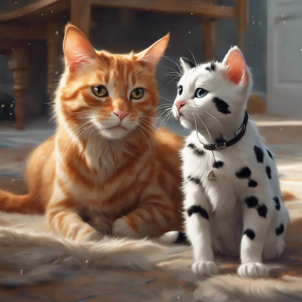 A ginger cat playing with a dalmation, 4k resolution, Atmospheric, High Resolution, Masterpiece by Stanley Artgerm Lau