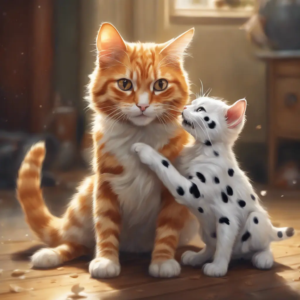 A ginger cat playing with a dalmation, 4k resolution, Atmospheric, High Resolution, Masterpiece by Stanley Artgerm Lau