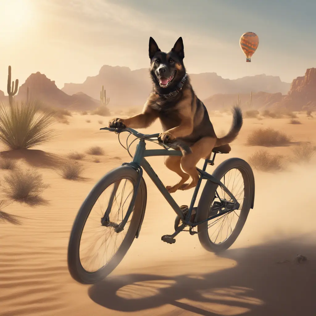 A dog riding a bike in the desert being chased by cat, 8k, Volumetric light effect by Stanley Artgerm Lau