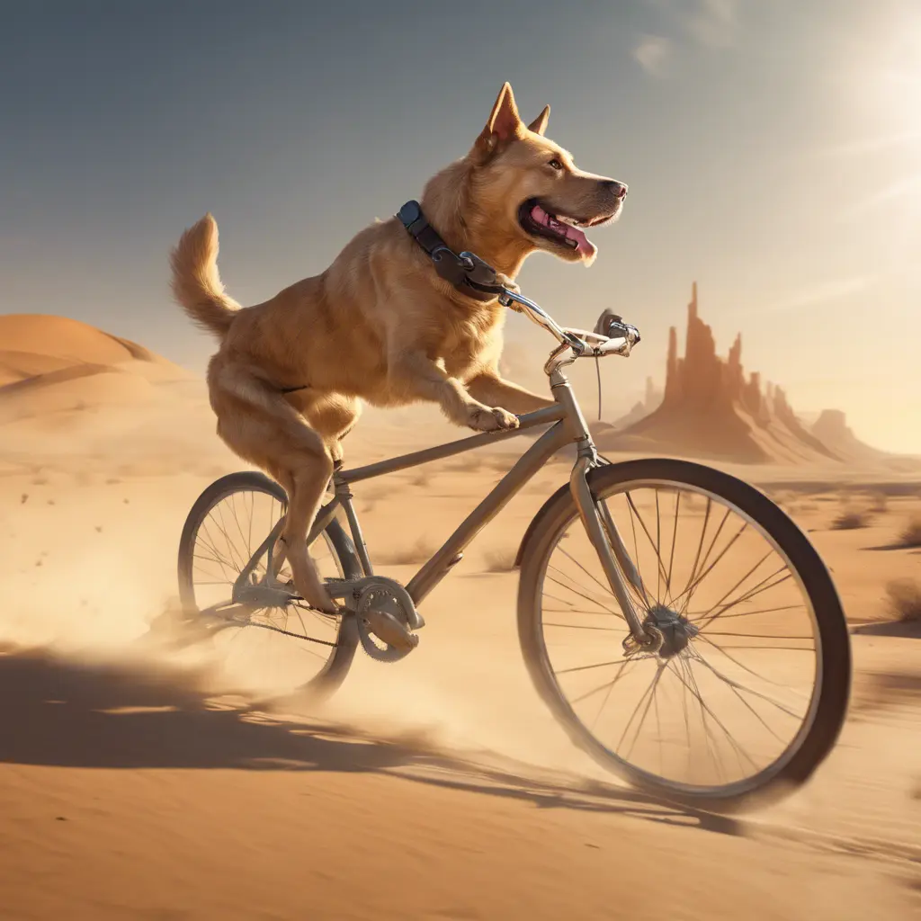 A dog riding a bike in the desert being chased by cat, 8k, Volumetric light effect by Stanley Artgerm Lau