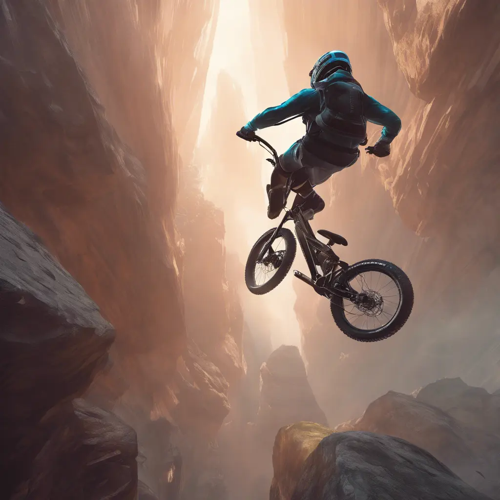 Someone back flipping a 60ft gap with a dual suspension mountain bike, Cybernatic and Sci-Fi, Volumetric light effect by Stanley Artgerm Lau