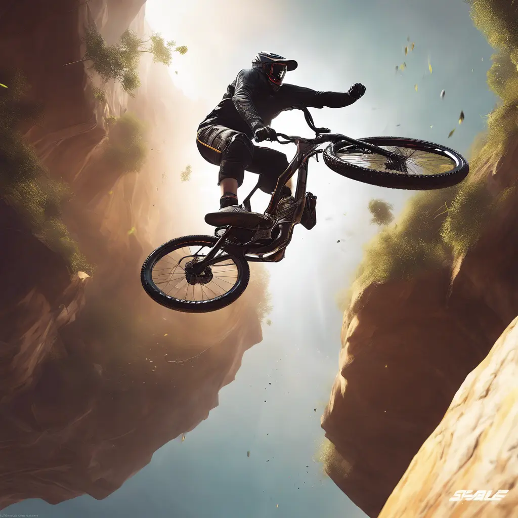 Someone back flipping a 60ft gap with a dual suspension mountain bike, Cybernatic and Sci-Fi, Volumetric light effect by Stanley Artgerm Lau