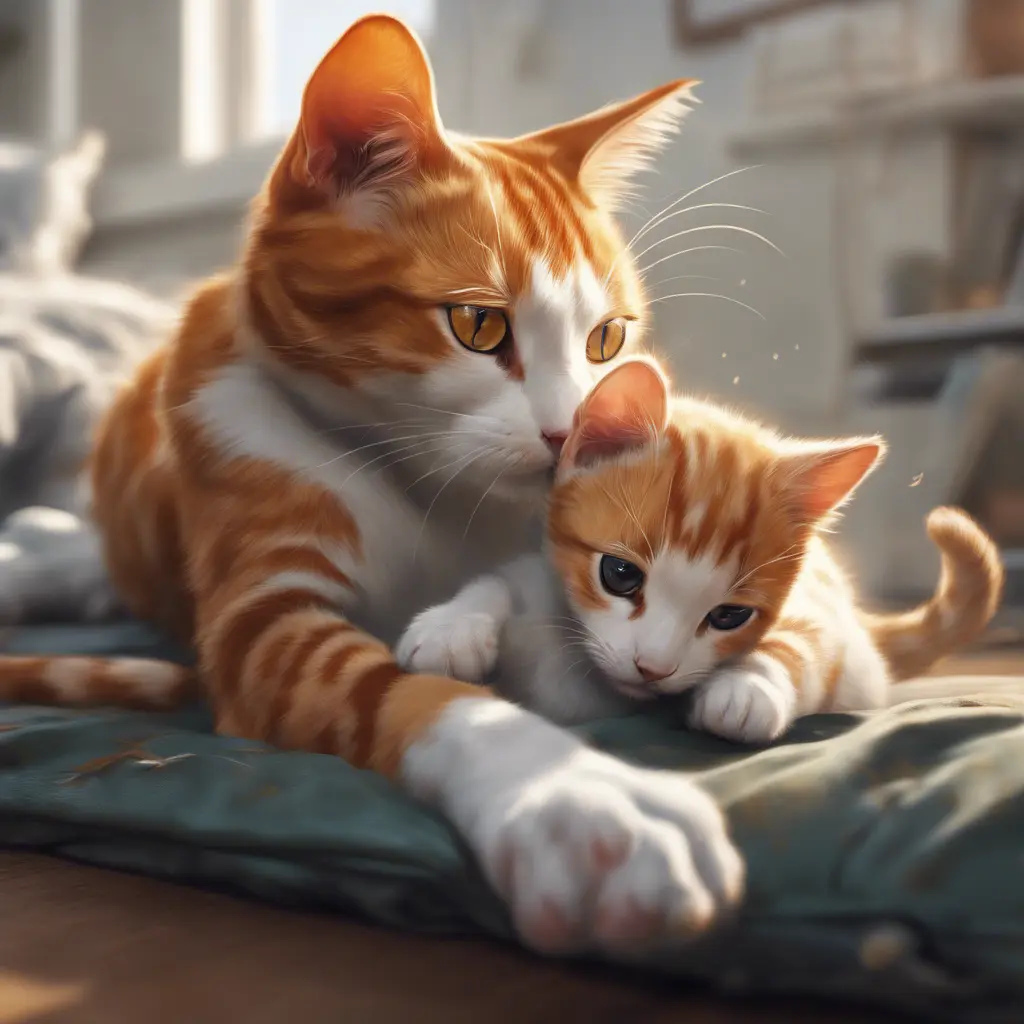 A ginger cat playing with a dalmation, 4k resolution, Atmospheric, High Resolution, Masterpiece by Stanley Artgerm Lau