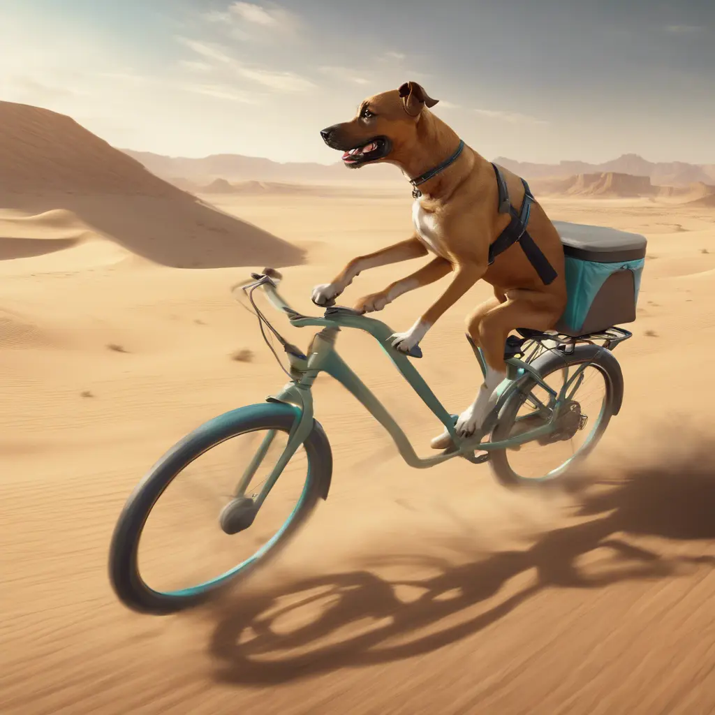 A dog riding a bike in the desert being chased by cat, 8k, Volumetric light effect by Stanley Artgerm Lau