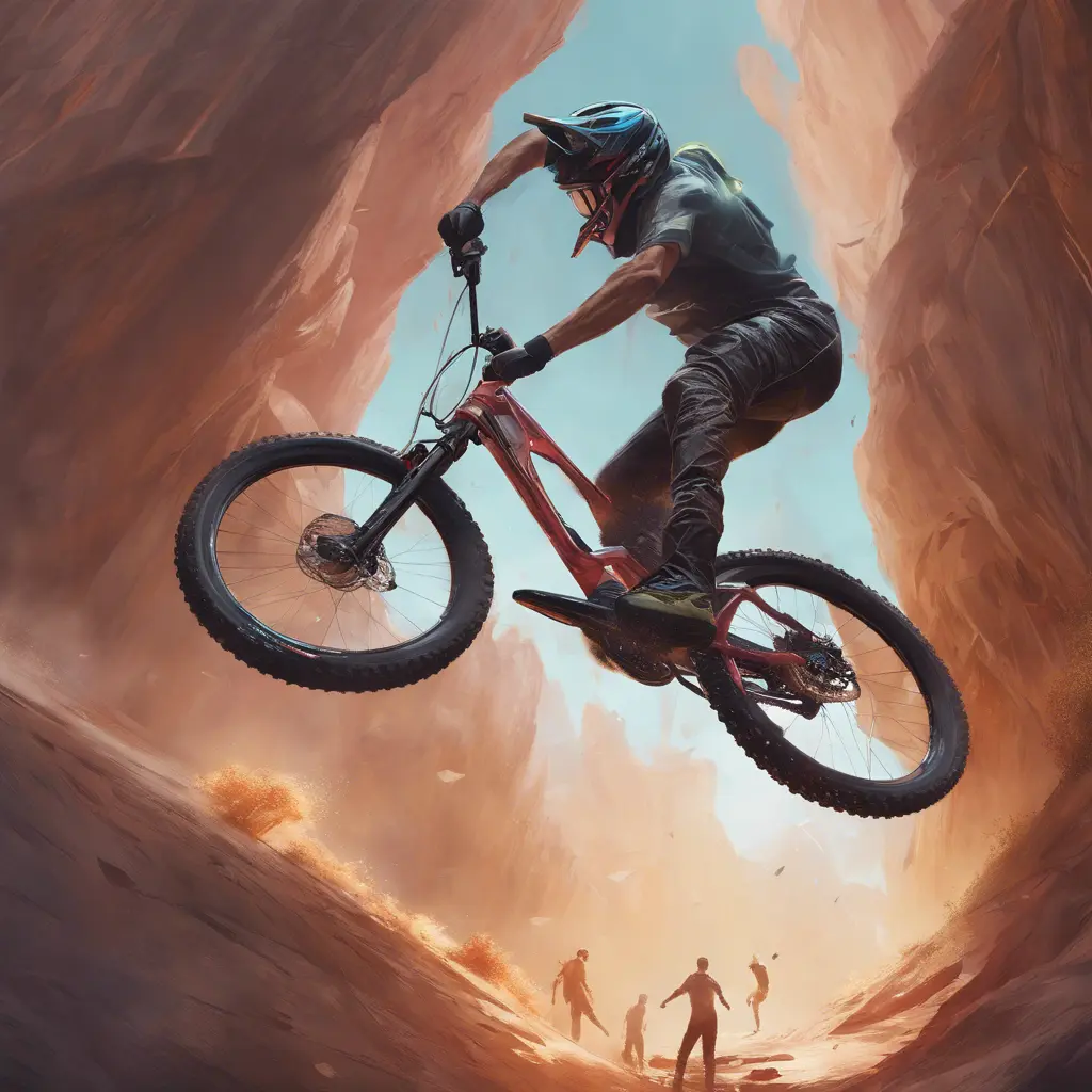 Someone back flipping a 60ft gap with a dual suspension mountain bike, Cybernatic and Sci-Fi, Volumetric light effect by Stanley Artgerm Lau