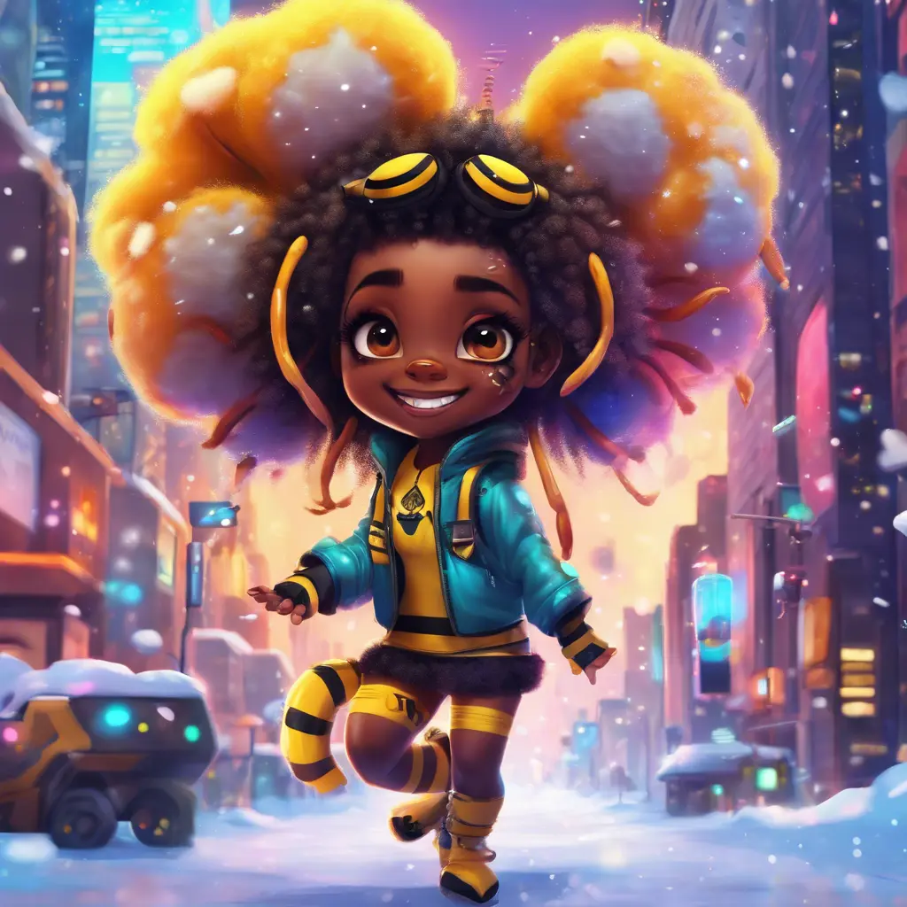 A funny furry half bee and half Human girl with 7 tails, Afrofuturism, Chibi, Cybernatic and Sci-Fi, Cityscape, Snow, Dreamworks, Bloom light effect, Colorful, Ecstatic, Exciting, Joyful